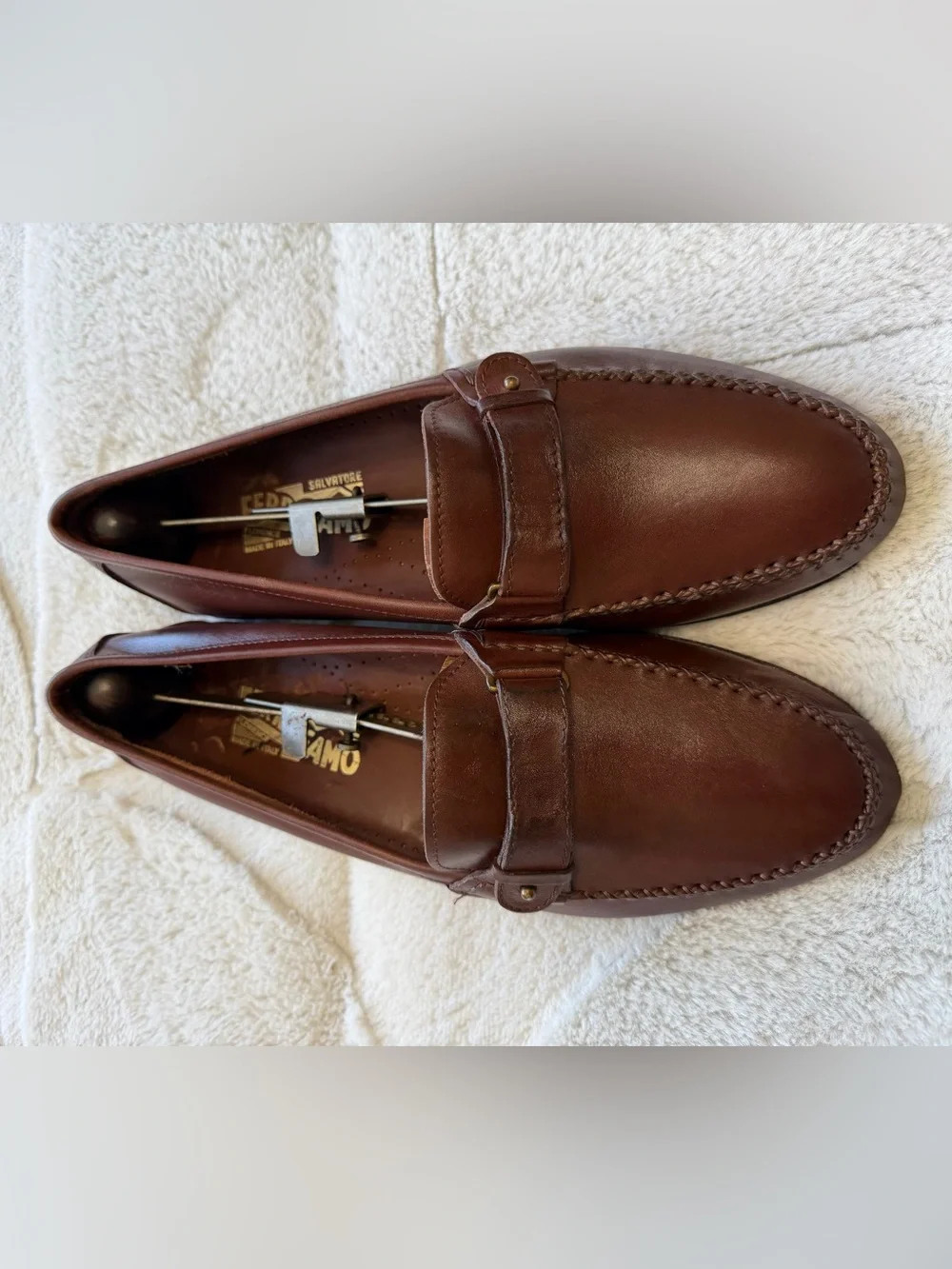 $795 Salvatore Ferragamo Brown Leather Strap Slip-On Moccasin Loafers 9.5 10